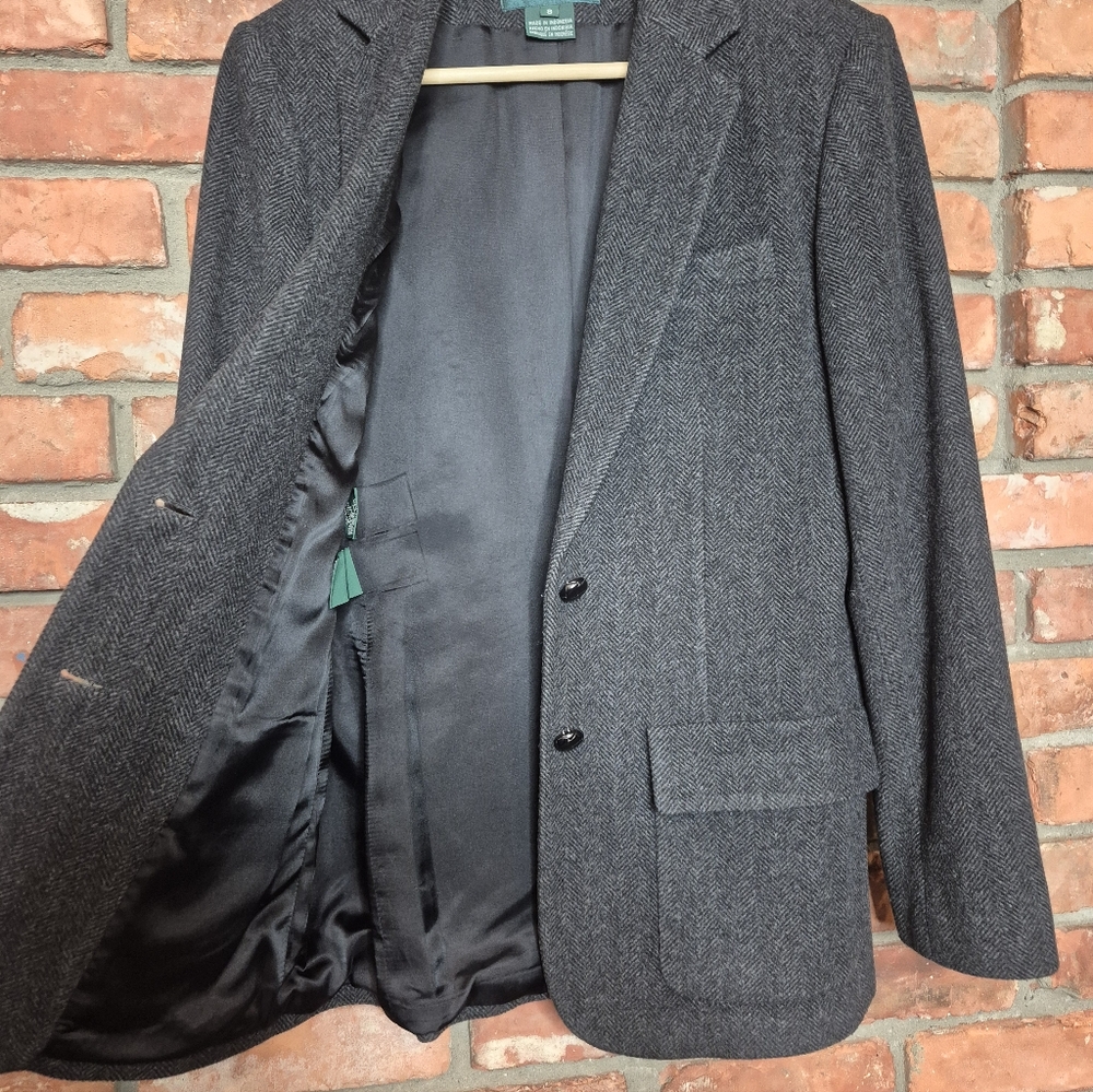 Lauren Ralph Lauren Wool Cashmere Herringbone Blazer Size 8 Longline Tailored - Picture 9 of 13